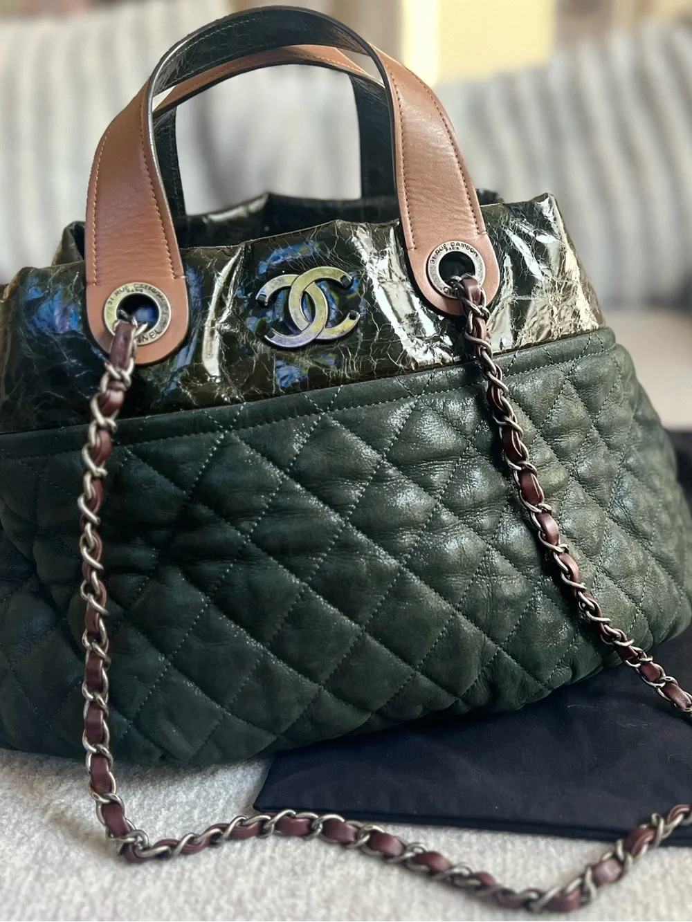 Chanel Vintage Matelassé Handbag in Dark Green and Brown